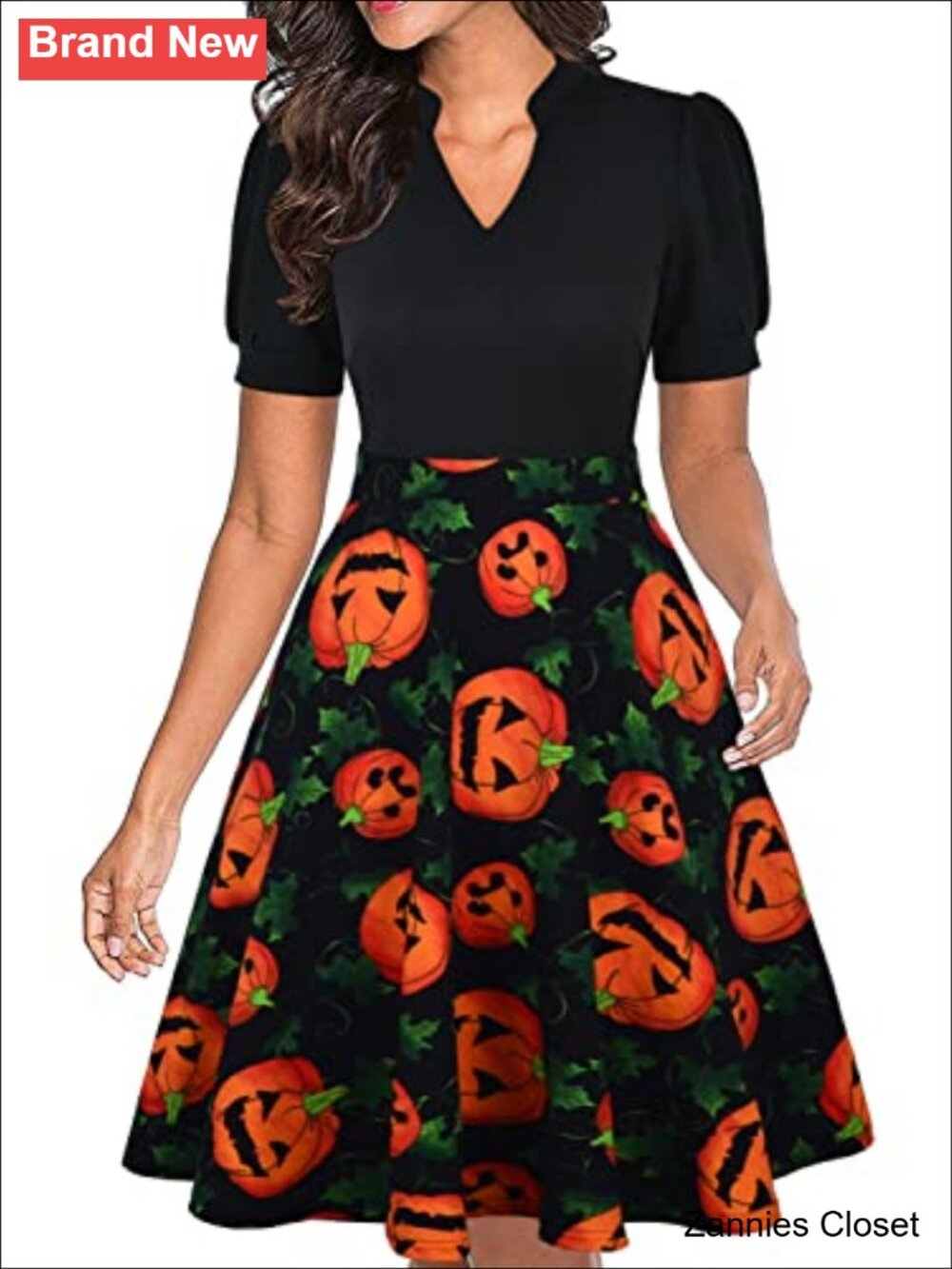 👻 Womens V-Neck Puff Sleeve Fit and Flare Knee-Length Dress with Pockets